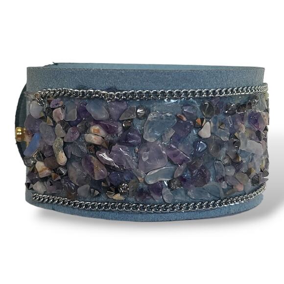New Blue Suede Leather Tumbled Amethyst Moonstone Quartz Hematite Bracelet 7" - Picture 6 of 7